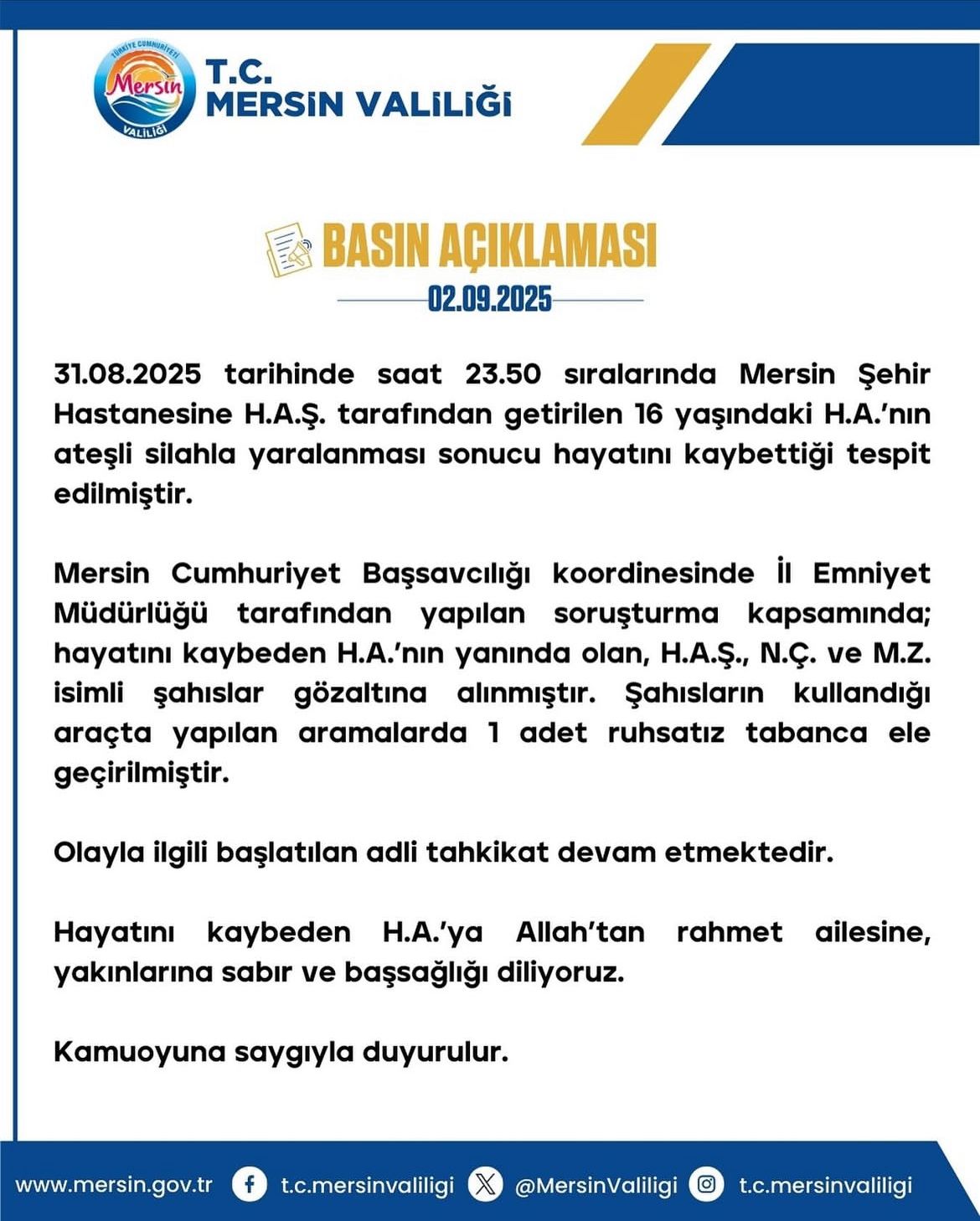 VALİLİKTEN ÖLDÜRÜLEN  16 YAŞINDAKİ HİRANUR İÇİN BASIN AÇIKLAMASI