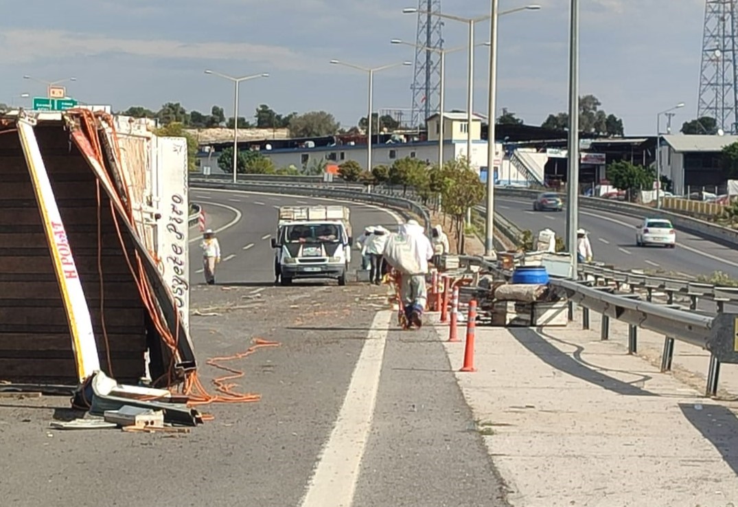 OTOYOL ÇIKIŞINDA KAMYON KAZA YAPTI, BİNLERCE ARI ÇEVREYE YAYILDI: 3 YARALI