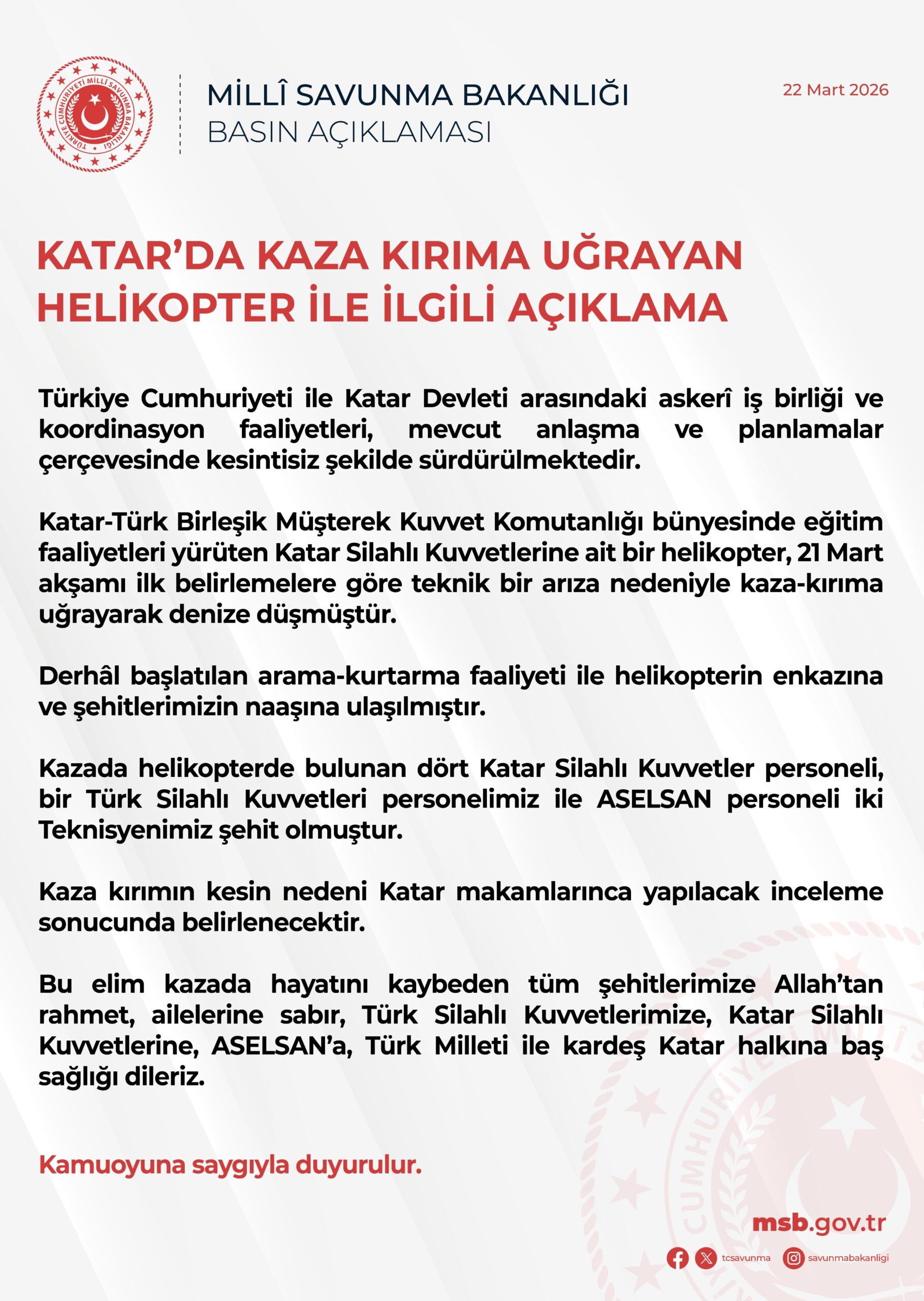 KATAR’DA ASKERİ HELİKOPTER KAZASI: 3 TÜRK PERSONEL ŞEHİT