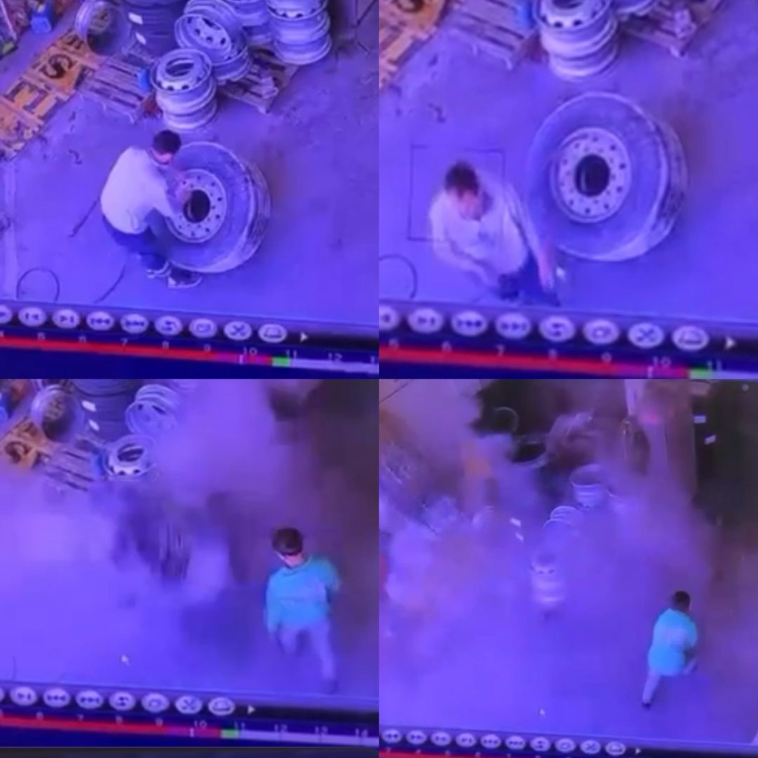 MERSİN’DE KAMYON LASTİĞİ ŞİŞİRİRKEN PATLADI: O ANLAR KAMERADA